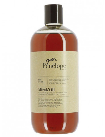 Idéal pour l'entretien régulier des cuirs, Mirak'Oil 500ml Pénélope est formulé à base d'huiles végétales de tournesol qui pénèt