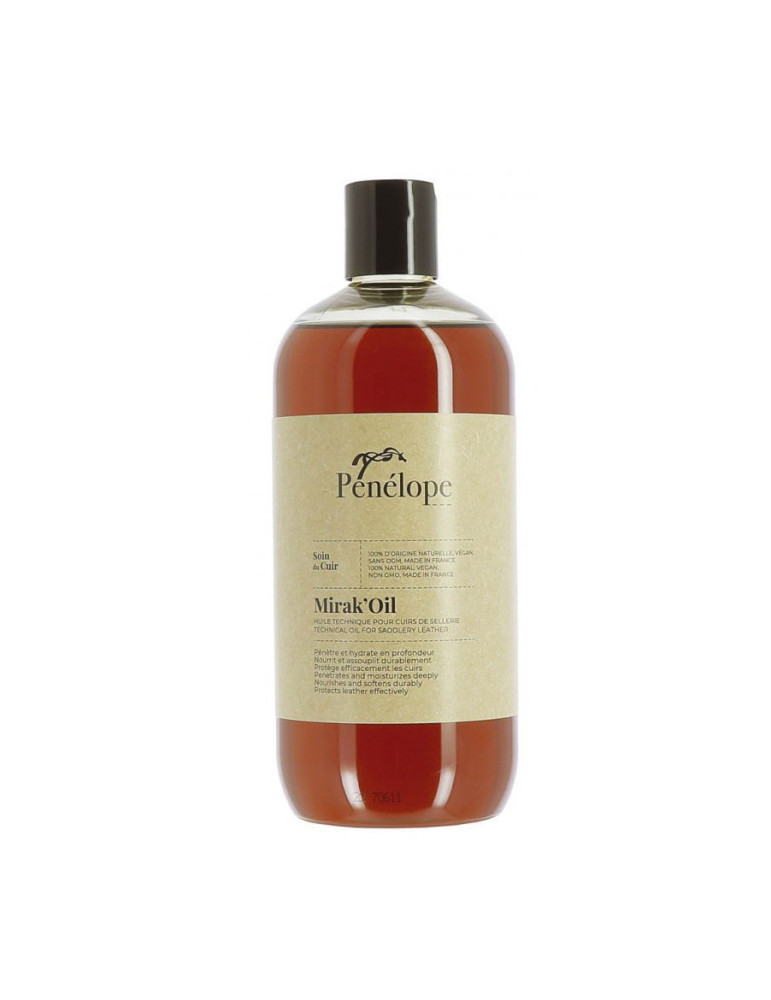 Idéal pour l'entretien régulier des cuirs, Mirak'Oil 500ml Pénélope est formulé à base d'huiles végétales de tournesol qui pénèt