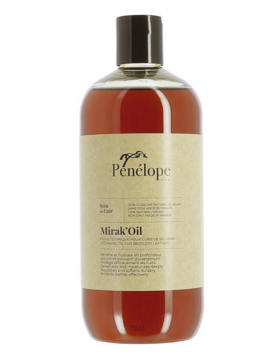 Idéal pour l'entretien régulier des cuirs, Mirak'Oil 500ml Pénélope est formulé à base d'huiles végétales de tournesol qui pénèt